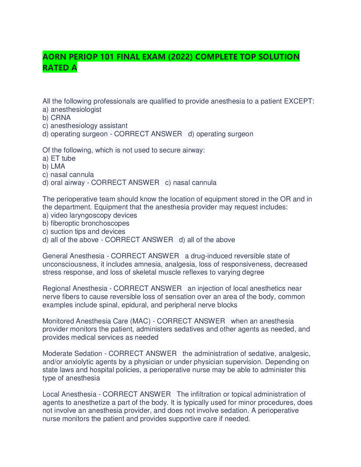 Preview image for AORN PERIOP 101 FINAL EXAM (2022) COMPLETE TOP SOLUTION RATED A